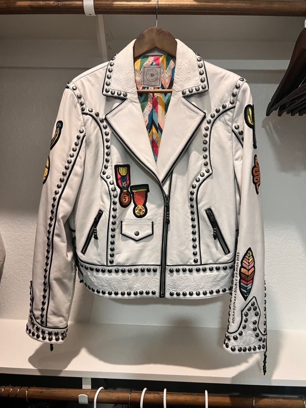Double D Ranch White Señorita Studded Leather Jacket with Colorful Patch Accents